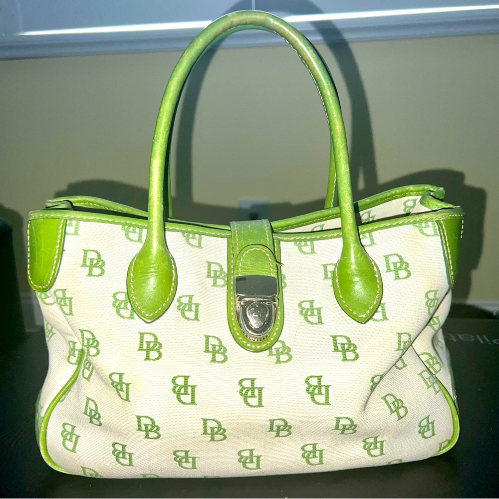 RARE Vintage Dooney & Bourke, D&B, cream & green Satchel handbag w/leather trim